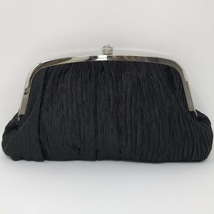 Newman Marcus black clutch with chain handbag crinkle fabric vintage kiss lock